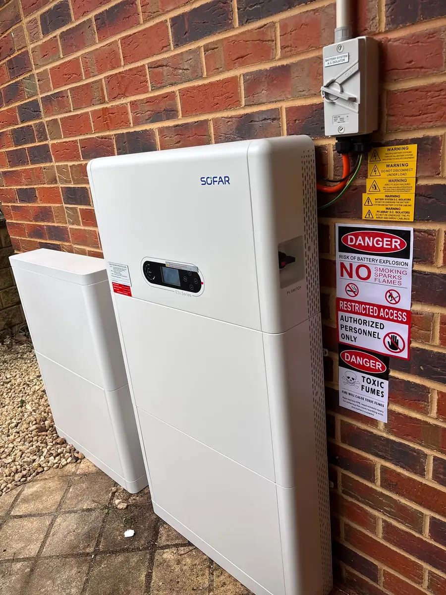 Sofar hybrid battery system installed with isolator and safety signage